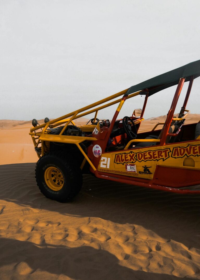 Experience an exhilarating dune buggy ride across barren desert sands under a bright sky.