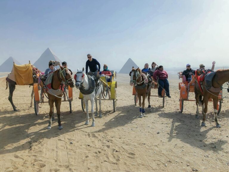 Tourists enjoy horse carriage rides near the iconic Pyramids of Giza under a clear sky.