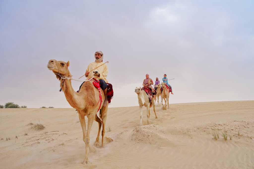 Tourists enjoy a scenic camel ride through the vast desert sands of Dubai under a cloudy sky.